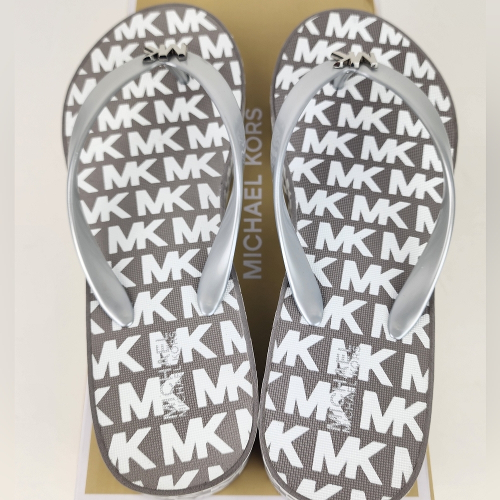 New Michael Kors Sandals Wedge Platform Taupe White Silver Bedforf Glam New - Picture 6 of 7